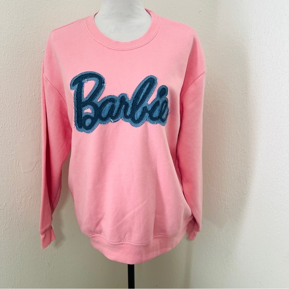 Barbie Women’s Large Jean Faux Fur Logo Pink Fleece-Lined Sweatshirt Casual